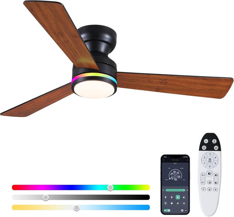 Asyko Ceiling Fans with Lights, 46 Inch Low Profile Ceiling Fan with Light and Remote Control,Reversible, RGB,Dimmable, Quiet, Brown Ceiling Fan for Bedroom Indoor/Outdoor Use - Image 1